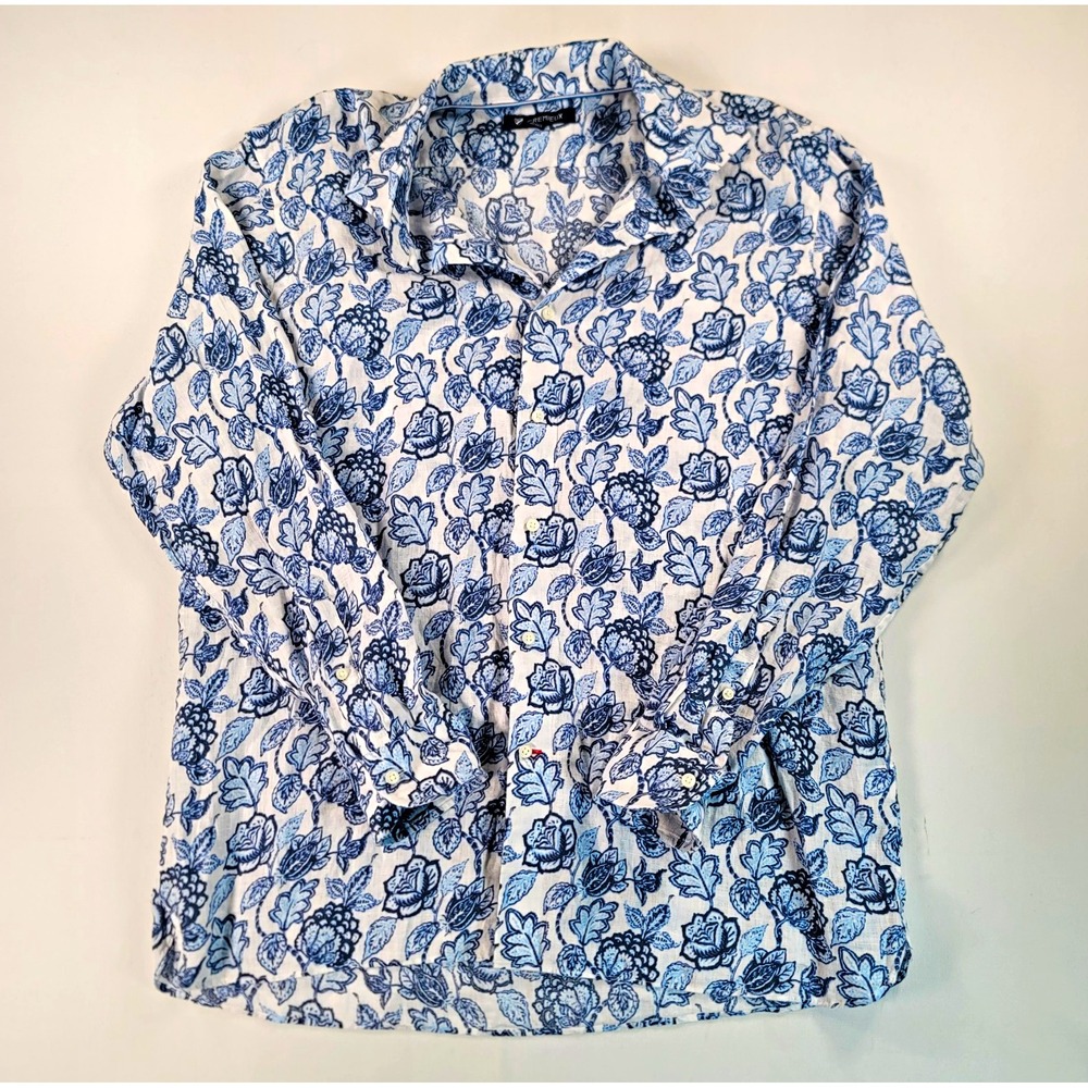 Cremieux Mens L 38 100% Linen Shirt Blue White Floral Botanical Button Down